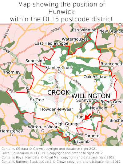 Map showing location of Hunwick within DL15