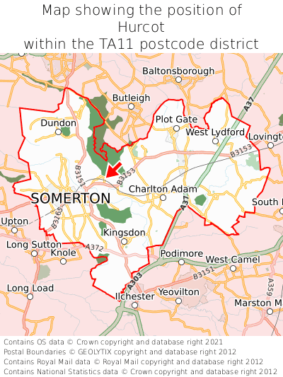 Map showing location of Hurcot within TA11
