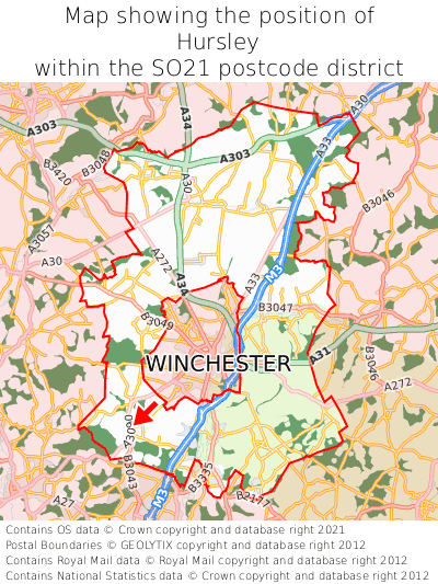 Map showing location of Hursley within SO21