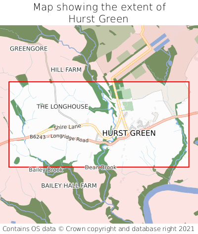 Map showing extent of Hurst Green as bounding box