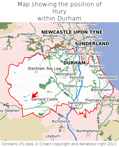 Map showing location of Hury within Durham