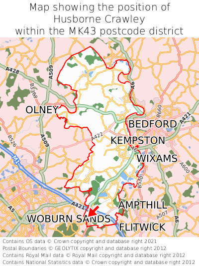 Map showing location of Husborne Crawley within MK43