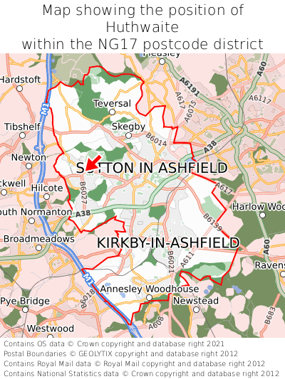 Map showing location of Huthwaite within NG17