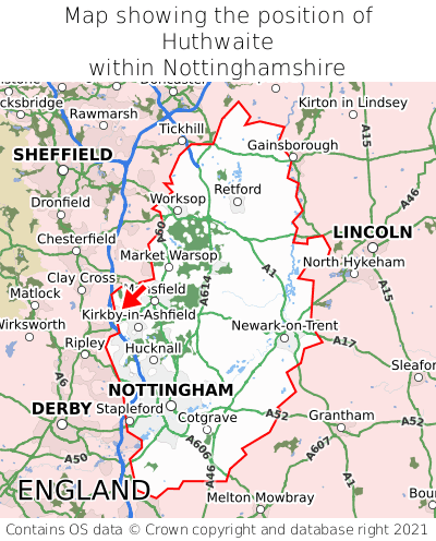 Map showing location of Huthwaite within Nottinghamshire