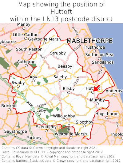 Map showing location of Huttoft within LN13