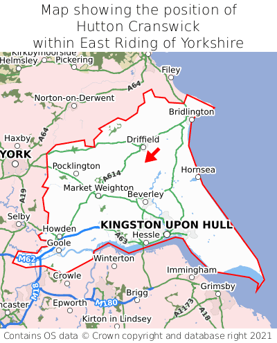 Map showing location of Hutton Cranswick within East Riding of Yorkshire