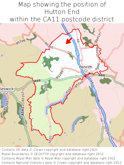 Map showing location of Hutton End within CA11