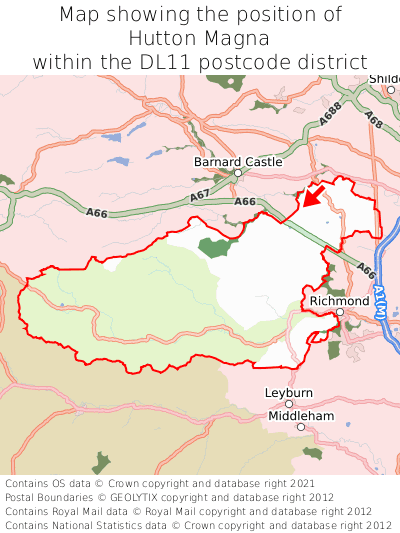 Map showing location of Hutton Magna within DL11