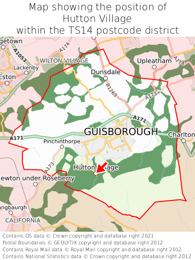 Map showing location of Hutton Village within TS14