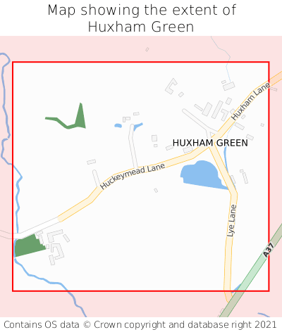Map showing extent of Huxham Green as bounding box