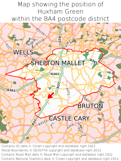 Map showing location of Huxham Green within BA4