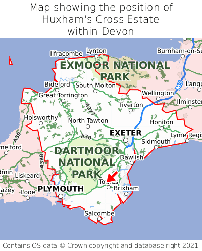 Map showing location of Huxham's Cross Estate within Devon