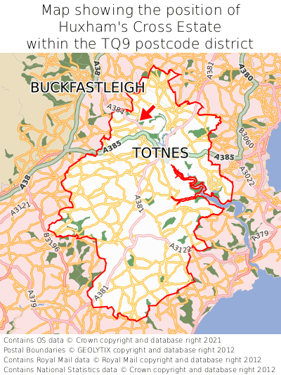 Map showing location of Huxham's Cross Estate within TQ9