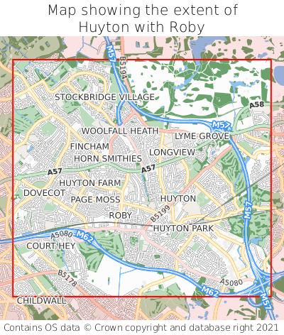 Map showing extent of Huyton with Roby as bounding box