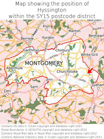 Map showing location of Hyssington within SY15