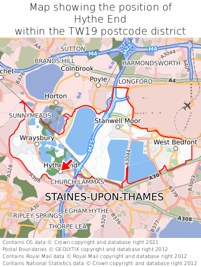 Map showing location of Hythe End within TW19