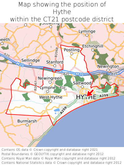 Map showing location of Hythe within CT21