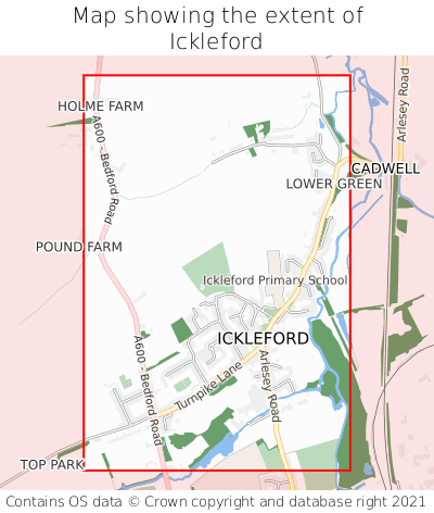 Map showing extent of Ickleford as bounding box