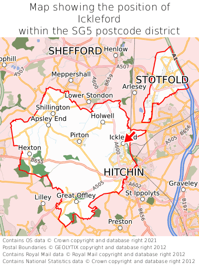 Map showing location of Ickleford within SG5