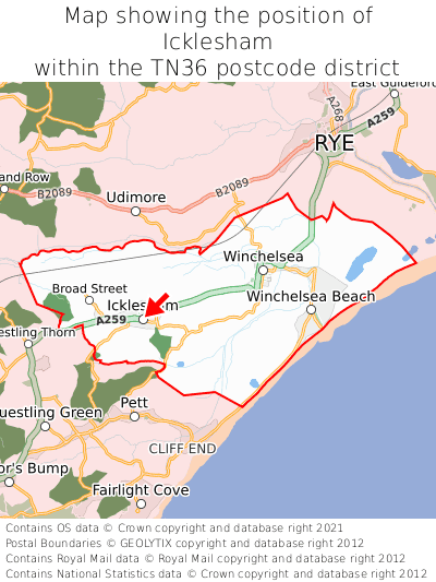 Map showing location of Icklesham within TN36