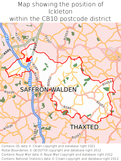 Map showing location of Ickleton within CB10
