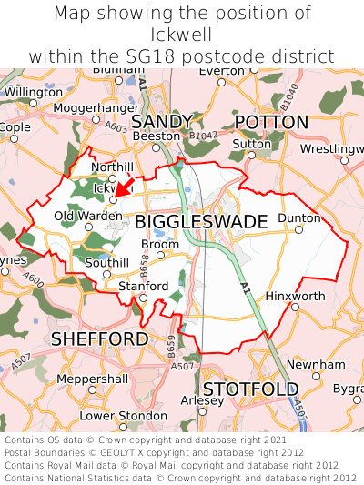 Map showing location of Ickwell within SG18