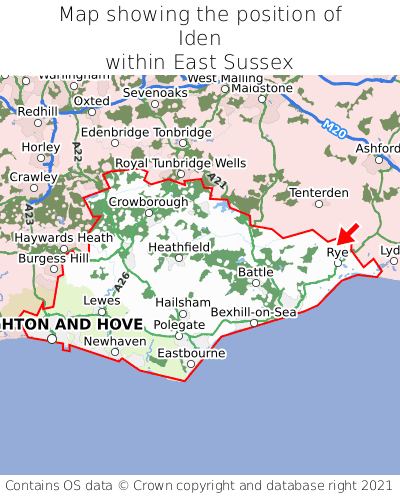 Map showing location of Iden within East Sussex
