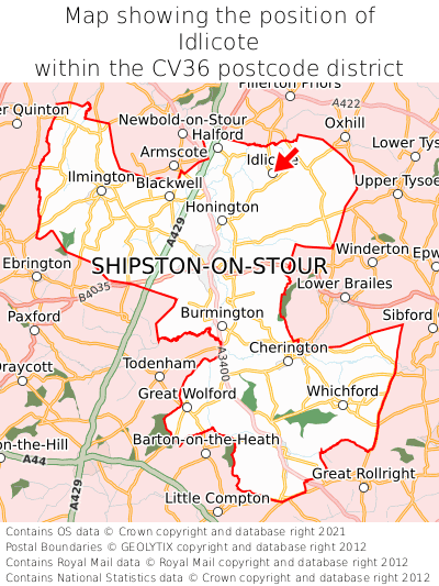 Map showing location of Idlicote within CV36