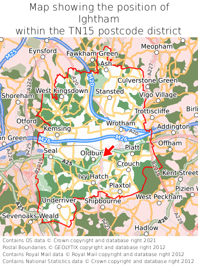 Map showing location of Ightham within TN15