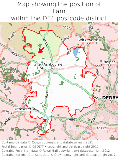Map showing location of Ilam within DE6