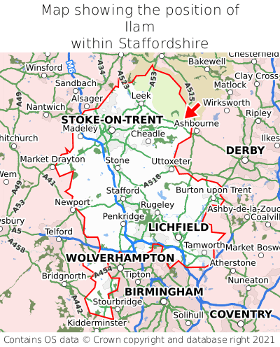 Map showing location of Ilam within Staffordshire