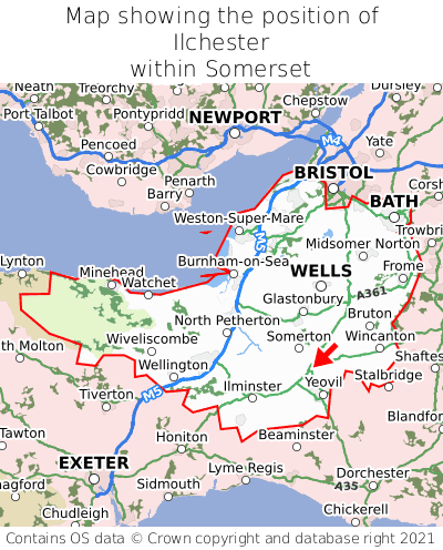 Map showing location of Ilchester within Somerset