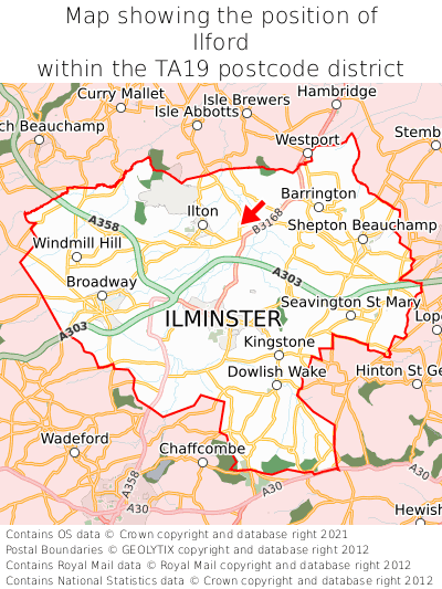 Map showing location of Ilford within TA19