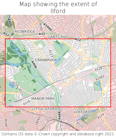 Map showing extent of Ilford as bounding box