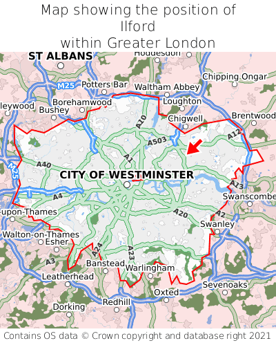 Map showing location of Ilford within Greater London