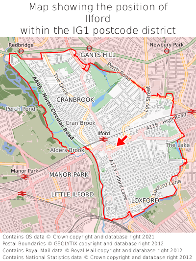 Map showing location of Ilford within IG1