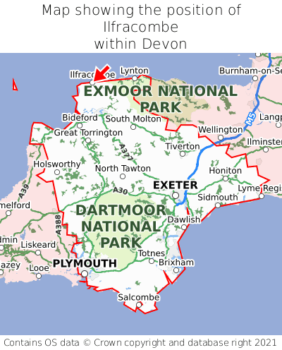 Map showing location of Ilfracombe within Devon