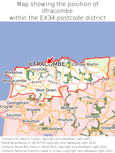 Map showing location of Ilfracombe within EX34