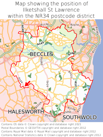 Map showing location of Ilketshall St Lawrence within NR34