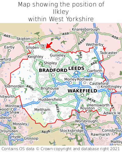 Map showing location of Ilkley within West Yorkshire