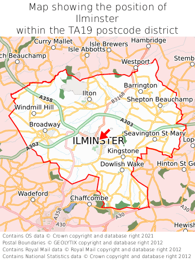 Map showing location of Ilminster within TA19