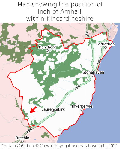 Map showing location of Inch of Arnhall within Kincardineshire