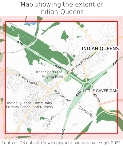 Map showing extent of Indian Queens as bounding box