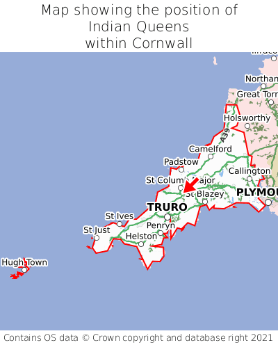 Map showing location of Indian Queens within Cornwall