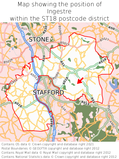 Map showing location of Ingestre within ST18