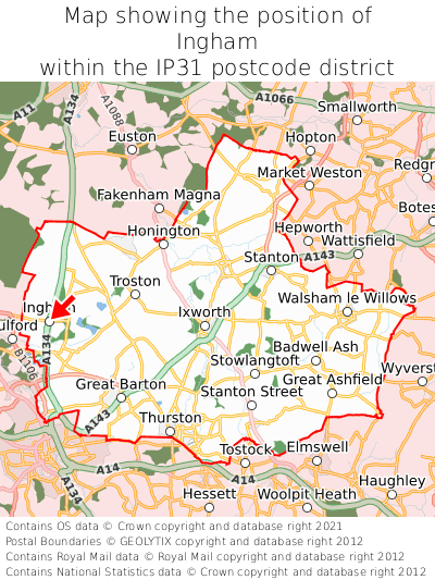 Map showing location of Ingham within IP31