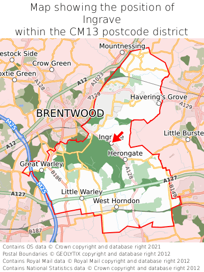 Map showing location of Ingrave within CM13