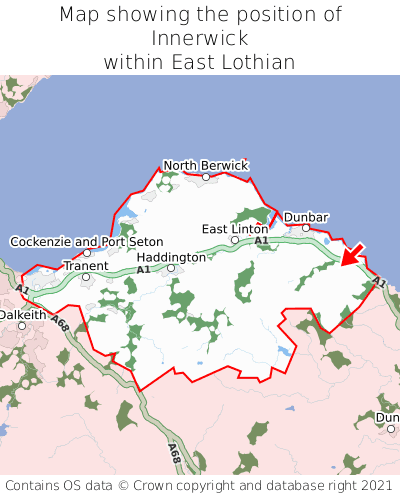 Map showing location of Innerwick within East Lothian