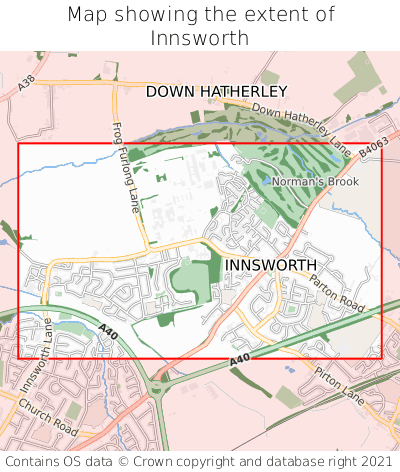 Map showing extent of Innsworth as bounding box