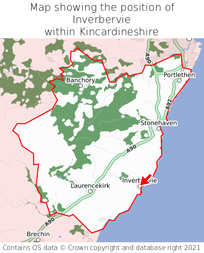 Map showing location of Inverbervie within Kincardineshire